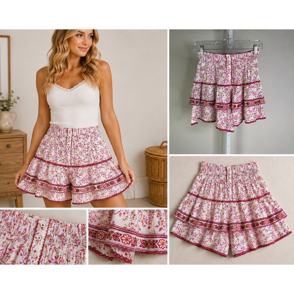 Poupette St Barth Skirt Shorts XS Floral Smocked Tiered Ruffle Mini Boho Coastal